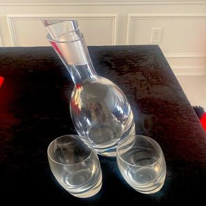 Nambe Crystal Tilt Decanter (5" x 12") & Matching Pair of Glasses (3" x 3.5").